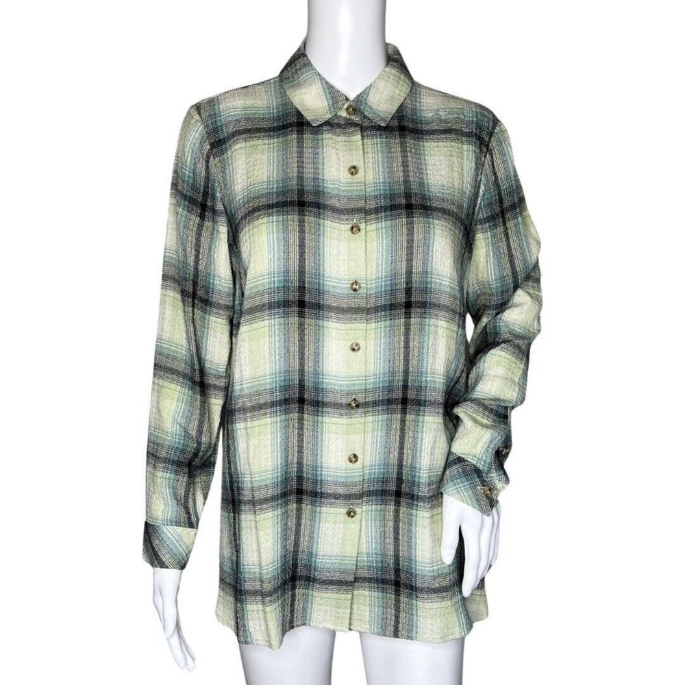 J Jill Shirt Womens Small Petite Green Cream Plaid Button Up Cabincore Campcore